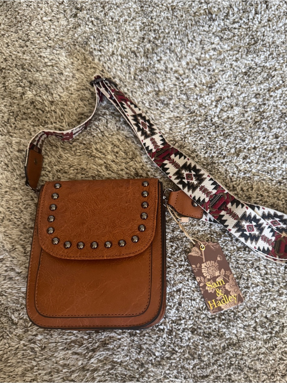 Sam & Hadley Tan Studded Crossbody with Patterned Strap